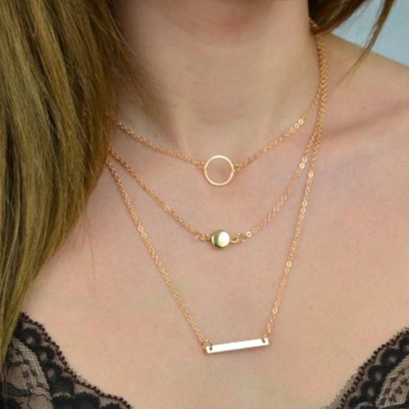 5 for $25 Gold Color Layered Bar Circle Necklace - Picture 2 of 5
